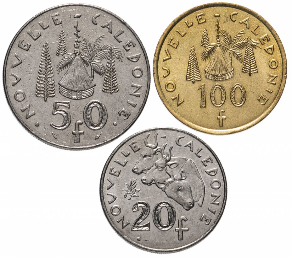 купить Новая Каледония набор из 3-х монет 20, 50 и 100 франков (francs) 1972-2017, случайная дата
