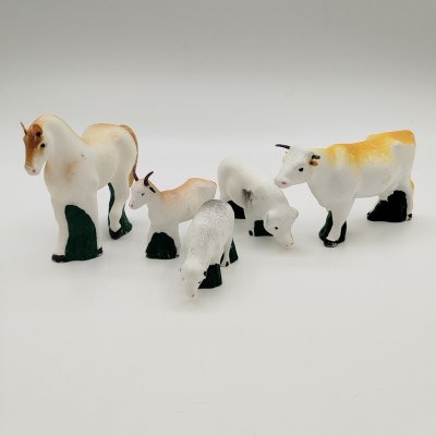 купить Набор игрушек «Домашние животные», в оригинальной упаковке, ММП РСФСР "Управление художественных изделий и игрушек Мособлисполкома", Осташевская фабрика, пенопласт прессованный, картон, крашение, печать, СССР, 1970-1980 гг.