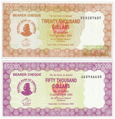 купить Зимбабве набор из 2 банкнот 20000 и 50000 долларов 2003-2006