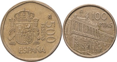купить Испания набор 2 монет 100 и 500 песет (pesetas) 1989-1996