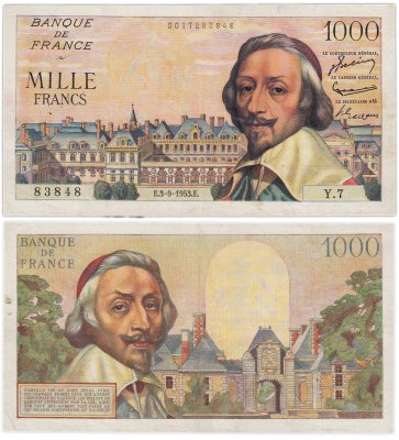 купить Франция 1000 франков 1953 (Cardinal Richelieu, кардинал Ришельё) Pick 134