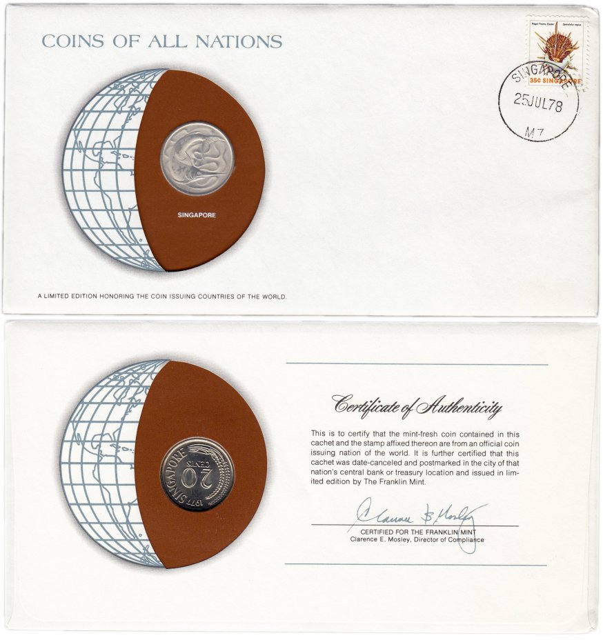 купить Серия «Монеты всех стран мира» - Сингапур 20 центов (cents) 1977  (монета и 1 марка в конверте)