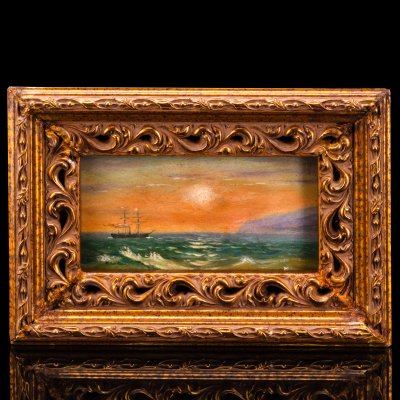 купить Картина "Морской пейзаж с парусником на закате" в раме, неизвестный художник, дерево, картон, масло, Россия, 1980-2000 гг.
