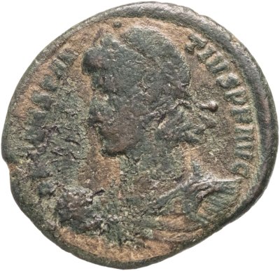 купить Римская Империя, Констанций II, 324–361гг, фоллис (реверс: император держит штандарт с христограммой, перед ним два пленника)