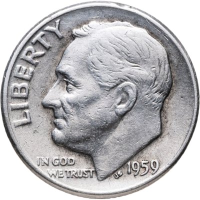 купить США 10 центов (дайм, one dime) 1959 D Silver Roosevelt Dime (Рузвельт) знак монетного двора "D" - Денвер