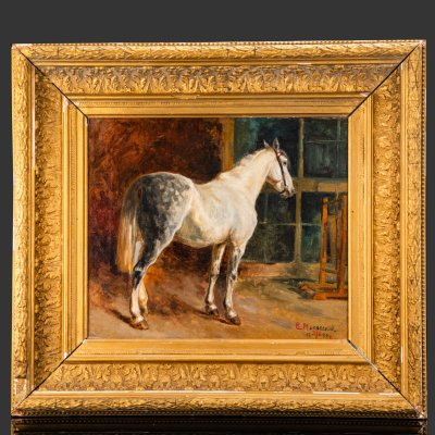 купить Картина "Конь в яблоках", художник Василий Михайлович Маковский (1870-после 1918), холст, масло, в раме, золочение, Российская империя, 1890 г.