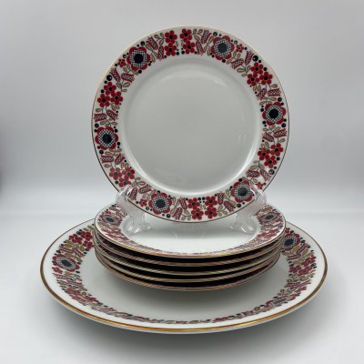 купить Набор из 6-ти десертных тарелок и блюда, украшенных цветочным декором, фарфор, деколь, золочение, Freiberger Porzellan, ГДР, 1970-1990 гг.