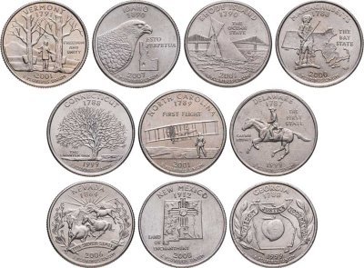 купить США набор из 10 монет номиналом 1/4 доллара (квотер, 25 центов) 1999-2008