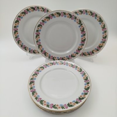 купить Набор пирожковых тарелок с цветочным декором на 6 персон, фарфор, деколь, золочение, Weimar Porzellan (Веймарский фарфор), Германия, 1920-1933 гг.
