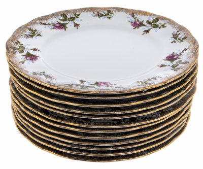 Купить Набор из 12 обеденных тарелок с цветочным декором, фарфор, деколь, золочение, Польша, 1970-1990 гг.