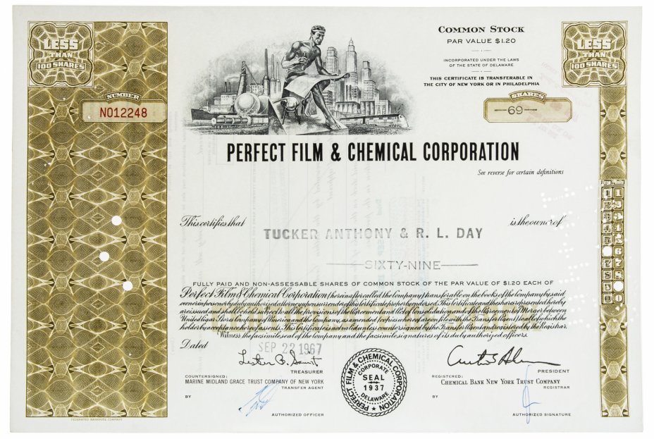 купить Акция США PERFECT FILM & CHEMICAL CORPORATION, 1967 г.
