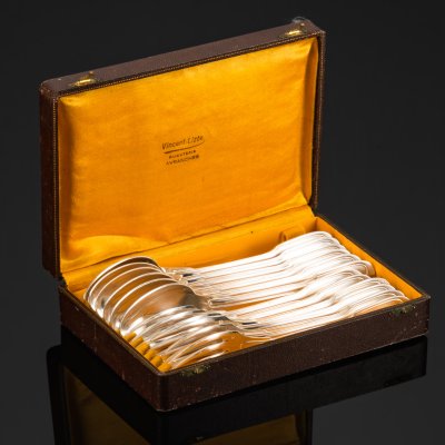 купить Набор столовых прибор на 6 персон в кофре (столовые ложки и вилки), Alfenide (Christofle), металл, серебрение, Франция, 1900-1920 гг.