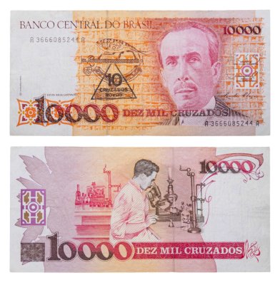 купить Бразилия 10 новых крузадо 1989, надпечатка на 10000 крузадо 1988