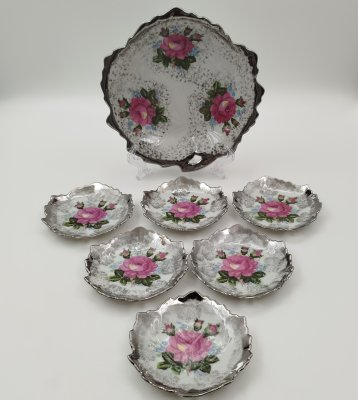 купить Набор из 6-ти розеток и блюда в форме листьев, украшенных изображением роз, фарфор, люстр, деколь, Западная Европа, 1970-1990 гг.