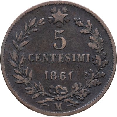 купить Италия 5 чентезимо (centesimi) 1861 M знак монетного двора: "M" - Милан