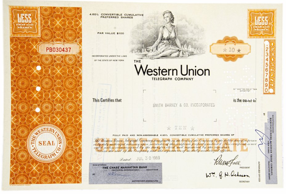 купить Акция США Western Union 1969- 1970 г.