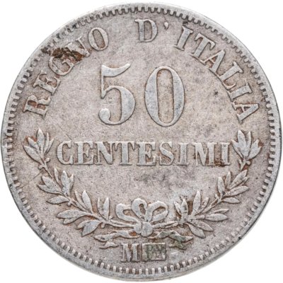 купить Италия 50 чентезимо (centesimi) 1863 Номинал на реверсе знак монетного двора: "M" - Милан