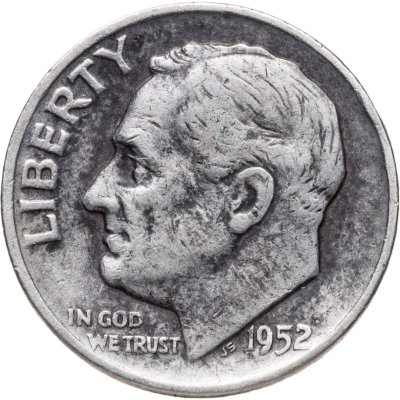 купить США 10 центов (дайм, one dime) 1952 D Silver Roosevelt Dime (Рузвельт) знак монетного двора "D" - Денвер