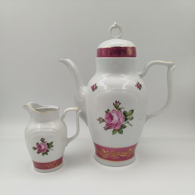 купить Кофейник и молочник, украшенные изображением роз, фарфор, люстр, деколь, золочение, Spezial Eisenberg Porzellan (SEP), ГДР, 1960-1980 гг.