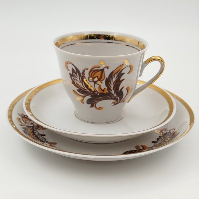 купить Трио кофейное с растительным декором, фарфор, деколь, золочение, Рижский фарфорово-фаянсовый завод, СССР, 1970-1980 гг.