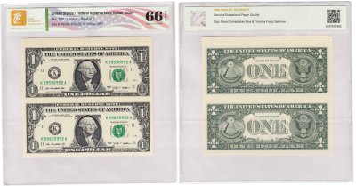 купить США лист из 2 банкнот 1 доллар 2009 К-Техас в слабе TQG MS 66 UNC