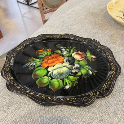 купить Поднос овальной формы с цветочным расписным декором, жесть, роспись, лак, Жостовская фабрика декоративной росписи, СССР, 1970-1991 гг.