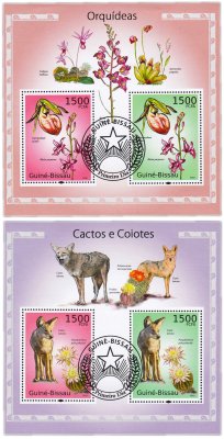 купить Гвинея-Бисау набор из 2 квартблоков "Флора и Фауна. Койоты и орхидеи"