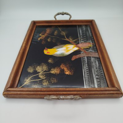 купить Поднос прямоугольной формы с витыми ручками "Райская птица", дерево, оргстекло, роспись, золочение, сплав металлов, Европа, 1950-1970 гг.