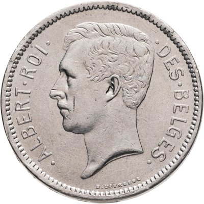 купить Бельгия 5 франков (francs) 1931 Надпись на французском - 'ALBERT ROI DES BELGES'