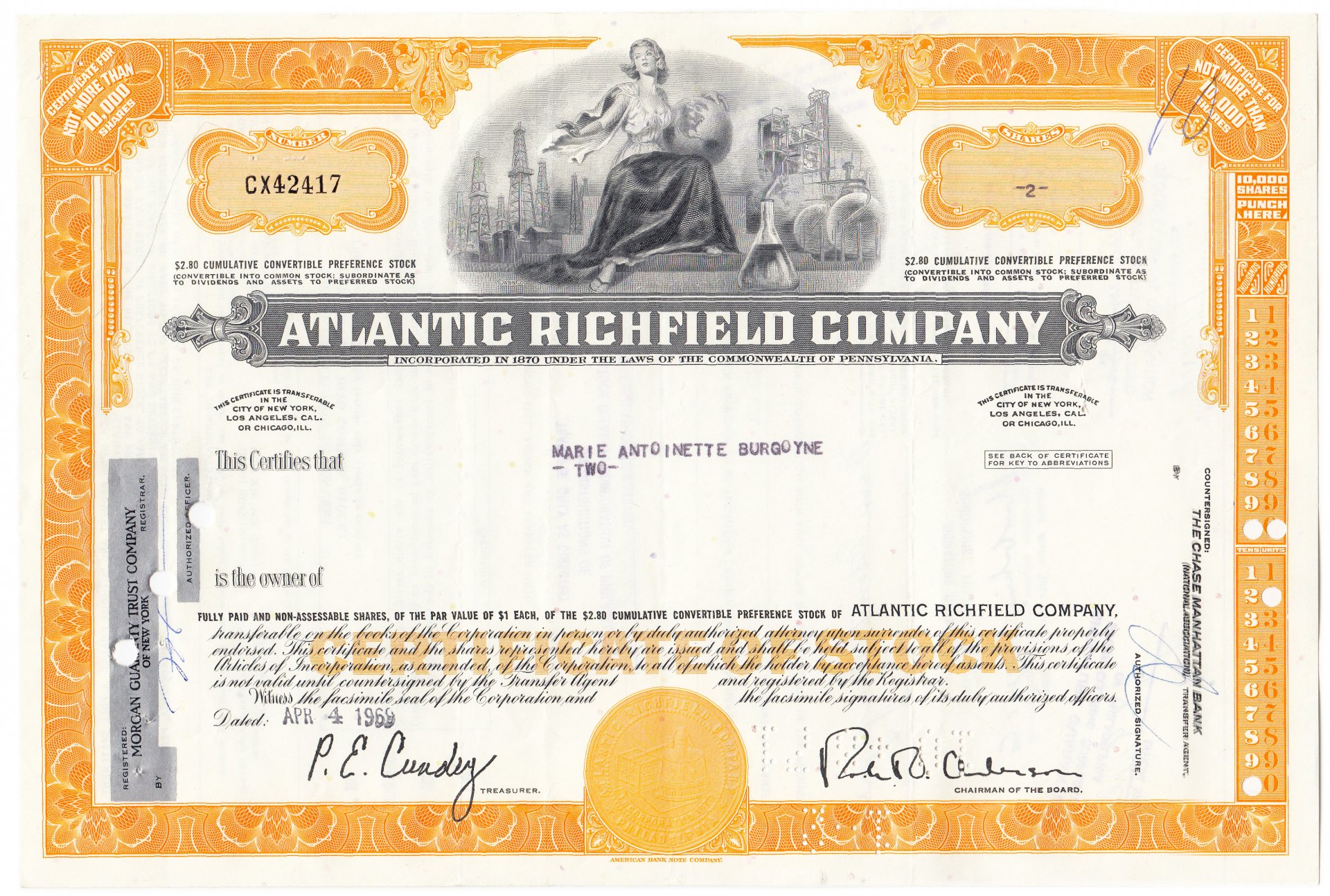 Atlantic Richfield Company. Preference stock Certificates. Us old stock shares. Ценные бумаги билет