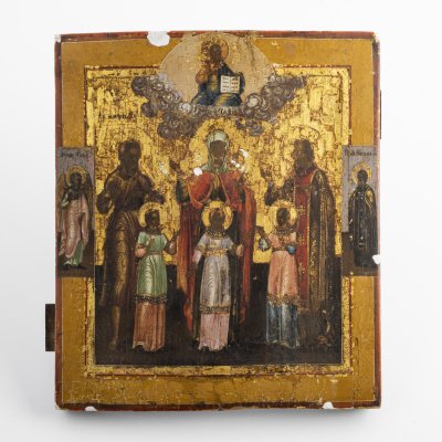 Купить Икона «Вера, Надежда, Любовь и мать их София» с предстоящими Ангелом Хранителем и Преподобными Никоном Радонежским, дерево, темпера, золочение, Российская империя, 1850-1880 гг.