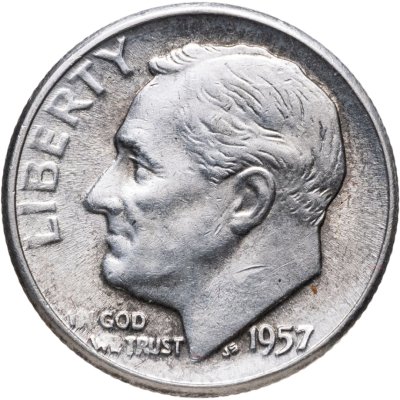 купить США 10 центов (дайм, one dime) 1957 Silver Roosevelt Dime (Рузвельт) без обозначения монетного двора