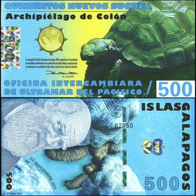 купить Галапагосские о-ва 500 новых сукров 23.09.2011 [Пластик] "Банкнота выпущена специально для коллекционеров и не является официальной денежной единицей"