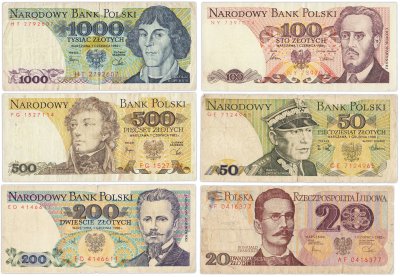 купить Польша набор из 6 банкнот 20, 50, 100, 200, 500, 1000 злотых 1982-1988