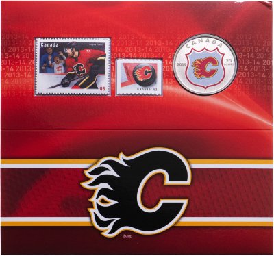 купить Канада 25 центов 2014 и 2 памятные марки НХЛ Calgary Flames в буклете
