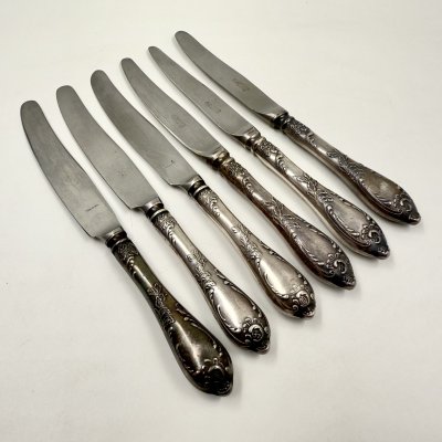 купить Набор из 6-ти ножей для сервировки с флоральным декором, мНЦ (медь-никель-цинк), нержавеющая сталь, Вольнянский завод столовых приборов им. Шевченко (ЗiШ, ЗиШ), СССР, 1962-1991 гг.