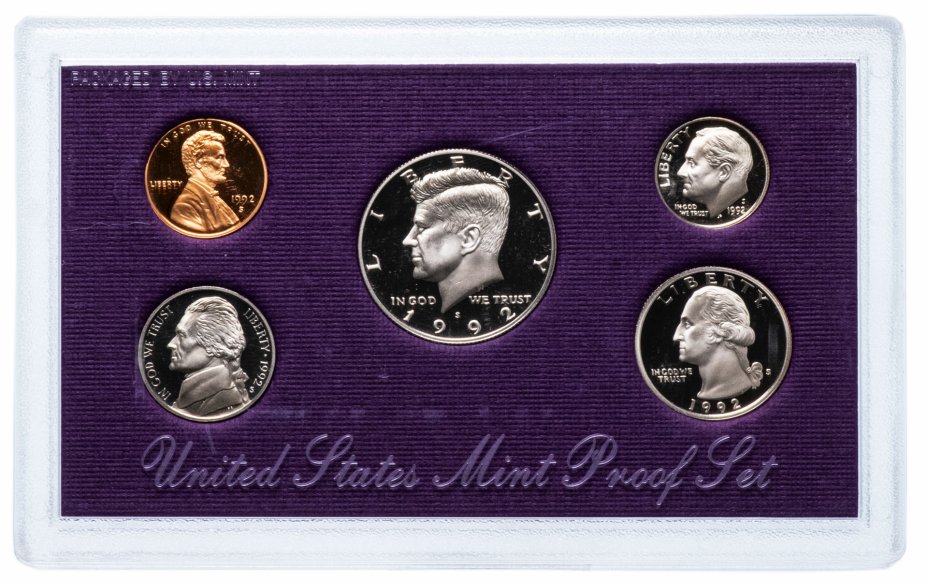 купить США годовой набор монет 1992 S (5 монет в футляре, с сертификатом)