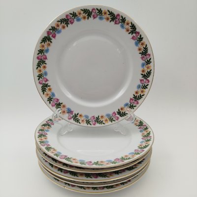 купить Набор пирожковых тарелок с цветочным декором на 6 персон, фарфор, деколь, золочение, Weimar Porzellan (Веймарский фарфор), Германия, 1920-1933 гг.