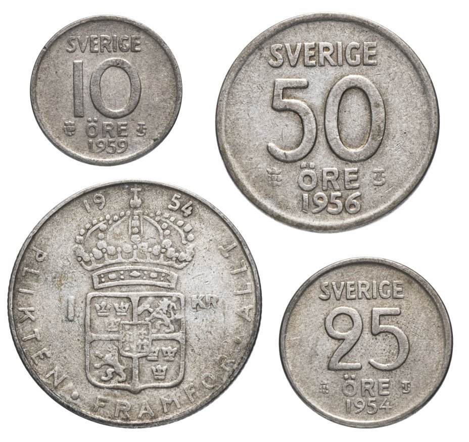 купить Швеция набор из 4 монет - 10, 25, 50 эре и 1 крона 1952-1968 (случайный год)