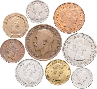 купить Великобритания набор 9 монет 1 пенни (penny), 2, 3, 5, 6 пенсов (pence), 2 шиллинга 1921-2004