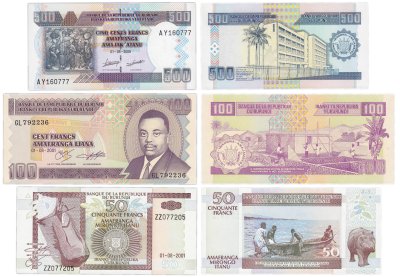 купить Бурунди набор из 3 банкноты 50, 100, 500 франков 2001 - 2009 ПРЕСС
