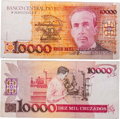 купить Бразилия 10 новых крузадо 1989, надпечатка на 10000 крузадо 1988