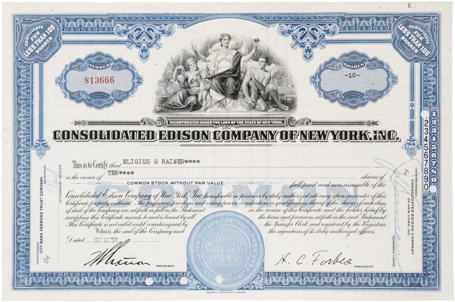 купить Акция США CONSOLIDATED  EDISON COMPANY OF NEW YORK, INC., 1957 г.