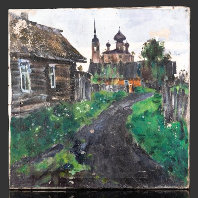 купить Картина "К вечеру" с изображением деревни и церкви, художник Г.В. Герасимов, холст, масло, деревянный подрамник, СССР, 1960-1980 гг.