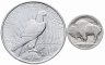 Купить США 1 доллар 1921-1935 "Мирный доллар" Ag900 26.73 г + подарок: 5 центов 1913-1938 гг. "Бизон"
