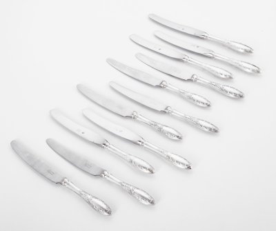 купить Набор из 11 десертных ножей "Пламя", мельхиор (медь-никель), Нержавеющая сталь, Кольчугинский завод цветных металлов, СССР, 1970-1990 гг.