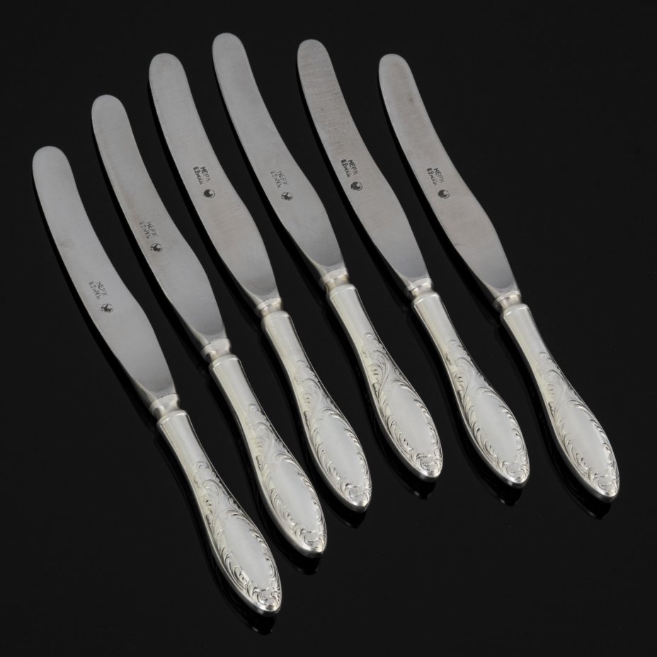Набор из 6 столовых ножей с растительным декором, мельхиор (медь-никель ...