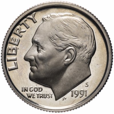 купить США 10 центов (дайм, one dime) 1991 S Roosevelt Dime (Рузвельт) знак монетного двора "S"