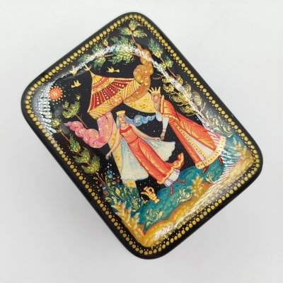 купить Шкатулка миниатюрная "Шамаханская царица", художник Н. Х., в оригинальной коробке, папье-маше, роспись, лак, Палех, СССР, 2000-2020 гг.