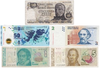 купить Аргентина набор из 5 банкнот 1, 5 аустраль и 2, 50 песо 1972-2015